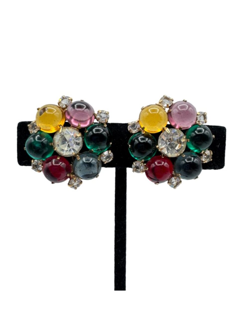Vintage Fruit Salad Cluster Earrings Clip Multi-Color Glass Prong Set Gold Tone - Picture 7 of 11